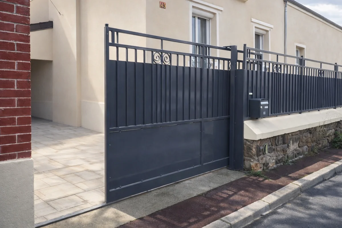 Portail métallique ouvert avec motorisation visible au pied du poteau